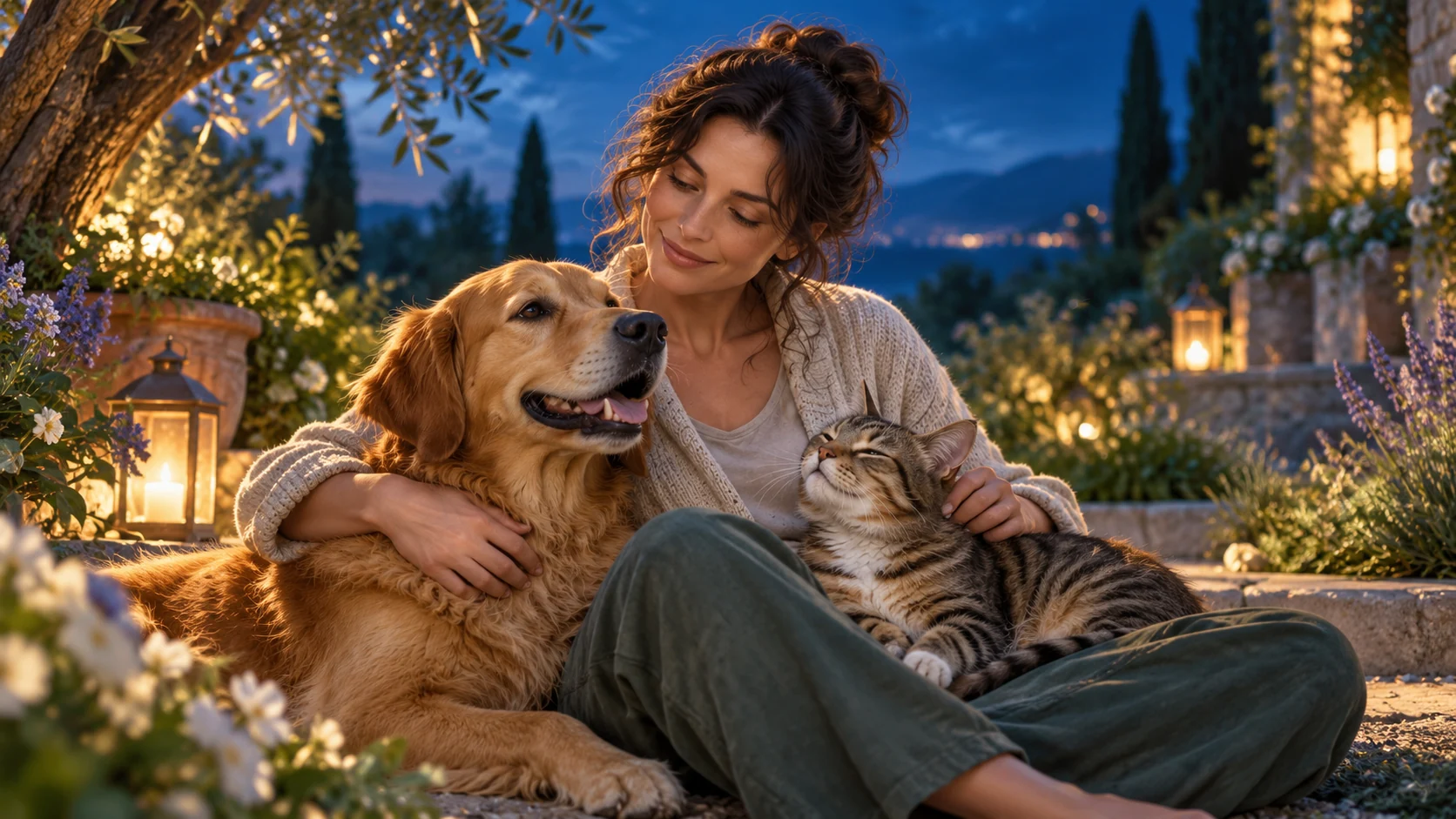 Une personne avec un chien et un chat dans un jardin.