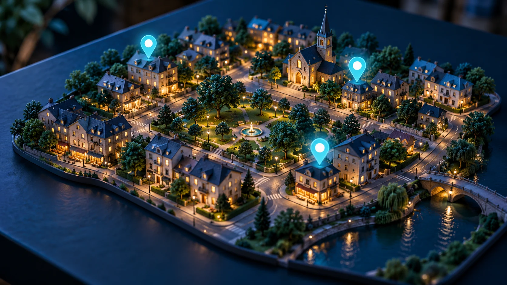 Maquette d’un quartier avec des repères géographiques lumineux.