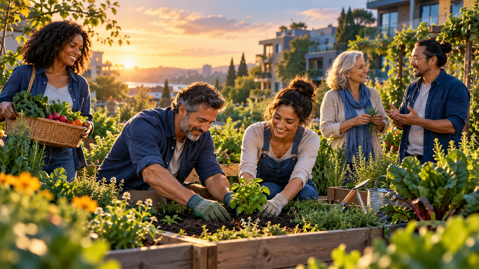 Des adultes participent à un jardin partagé.