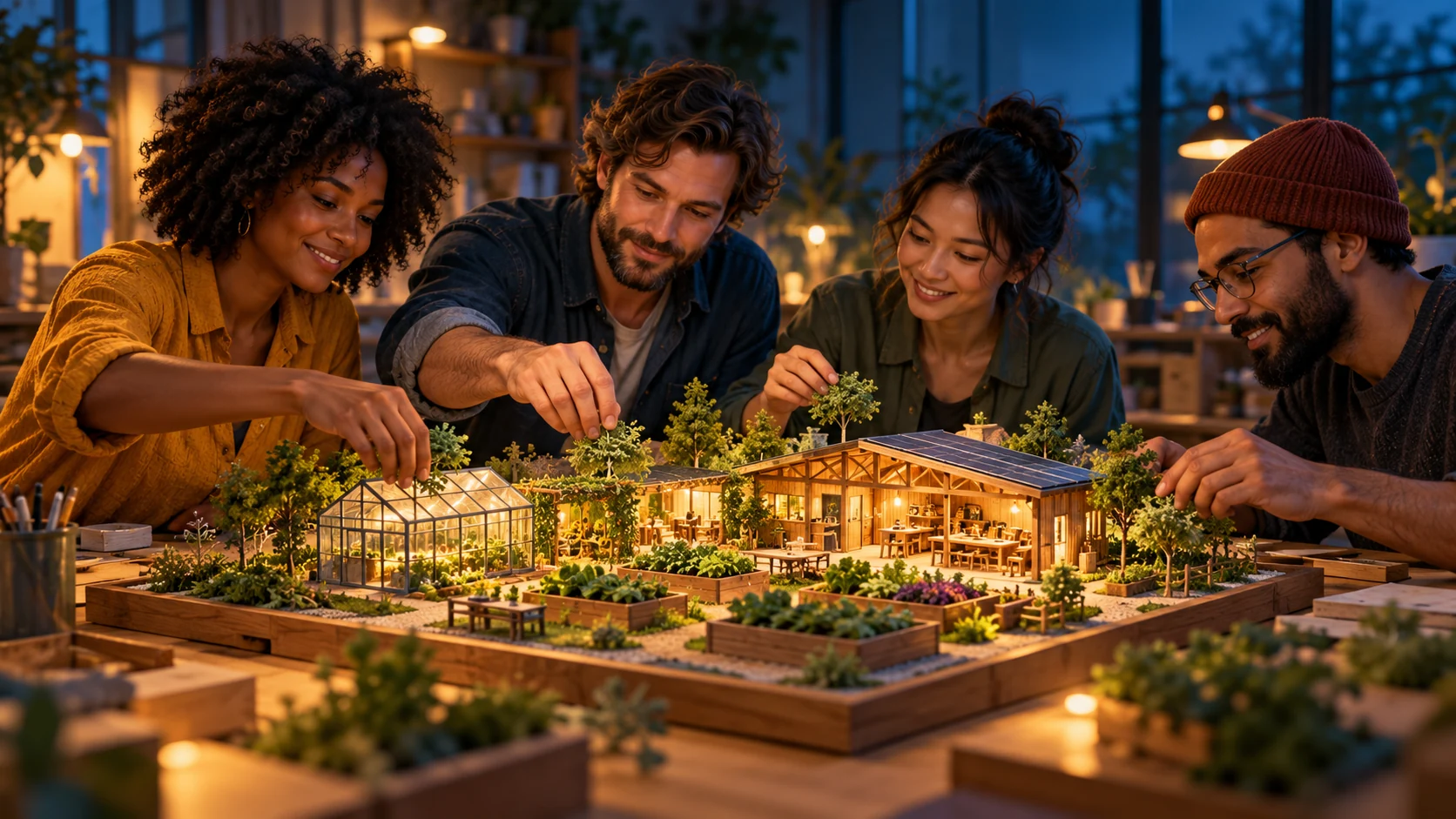 Des personnes réunies autour de la maquette d’un projet collectif.