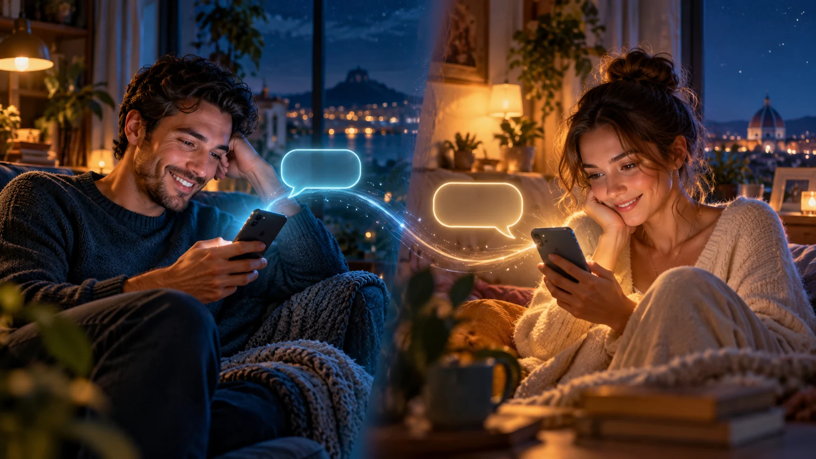 Deux personnes communiquent à distance avec leur téléphone.