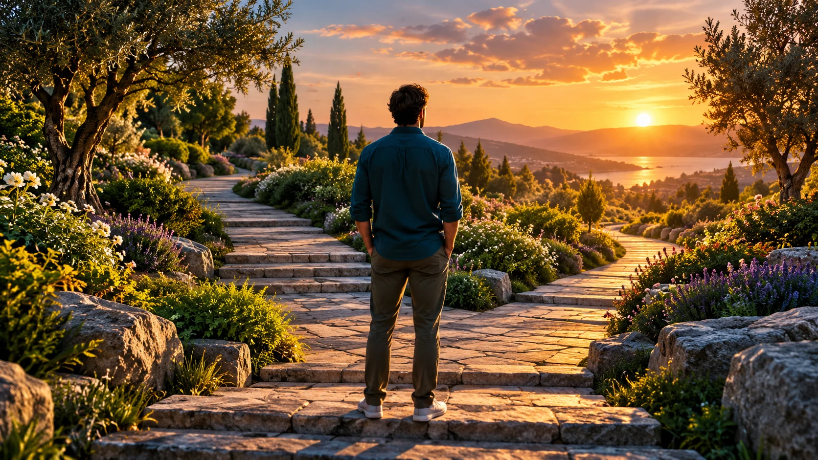 Une personne avance sur un chemin dans un jardin.
