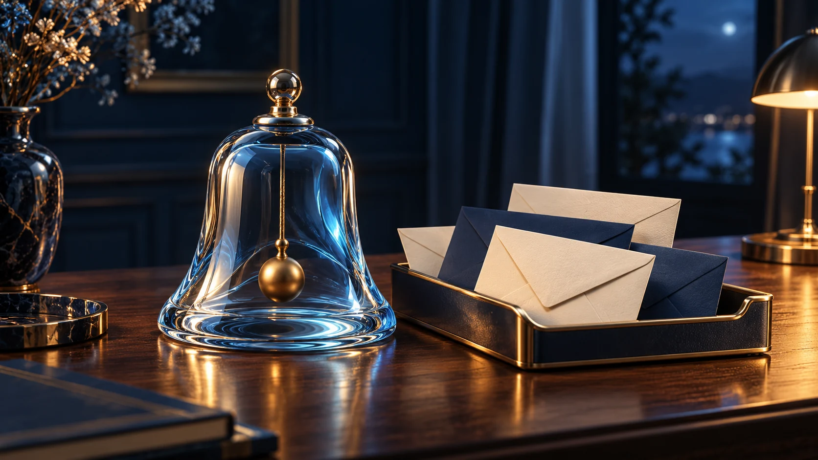 Cloche en verre et enveloppes symbolisant les notifications.