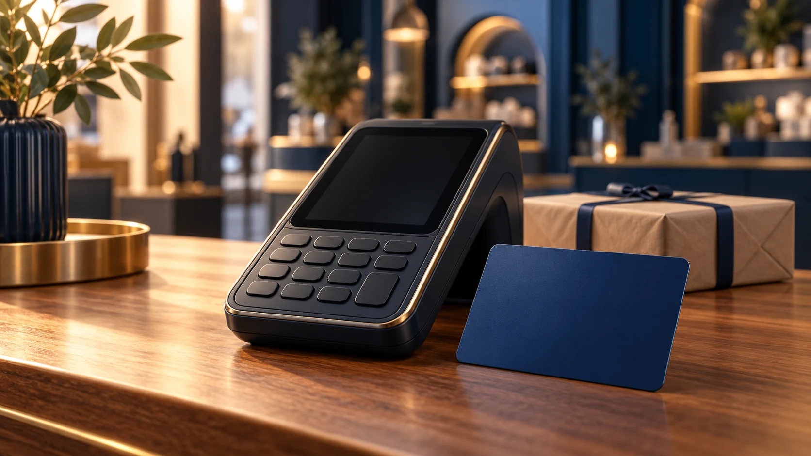 Terminal de paiement éteint sur un comptoir, illustration conceptuelle.