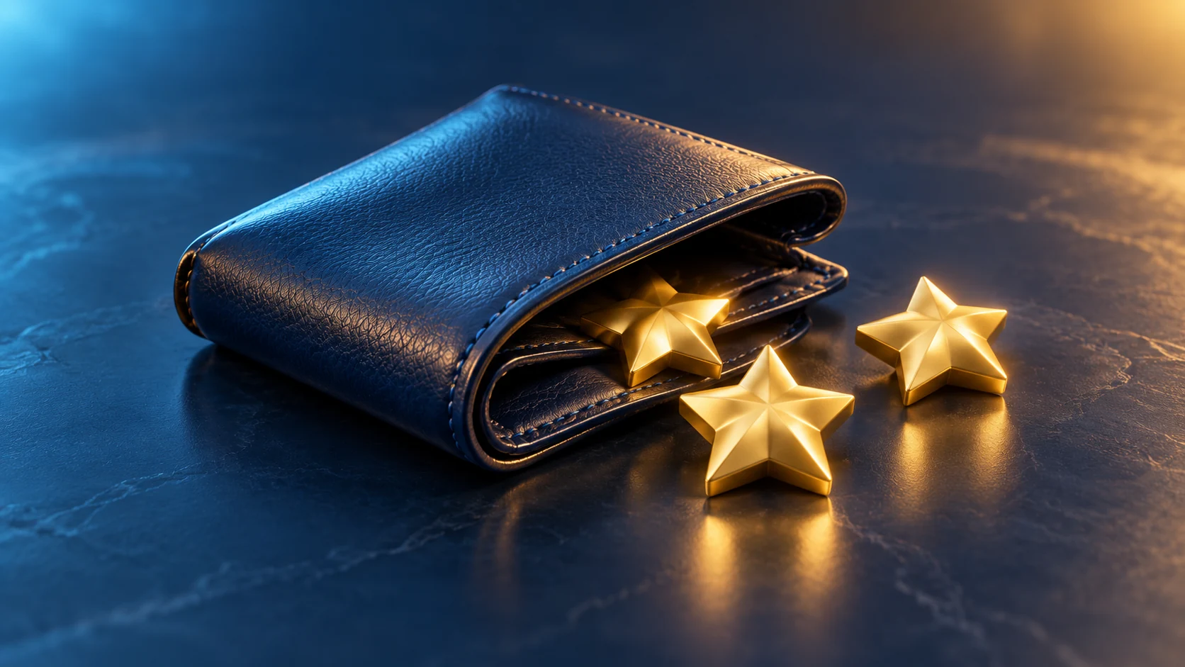 Portefeuille bleu et étoiles représentant des points internes.