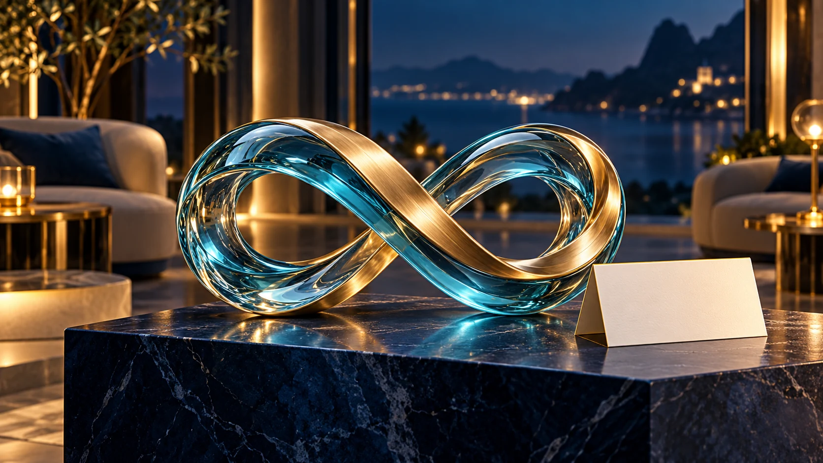 Symbole de l’infini en verre et métal avec une invitation sans inscription.