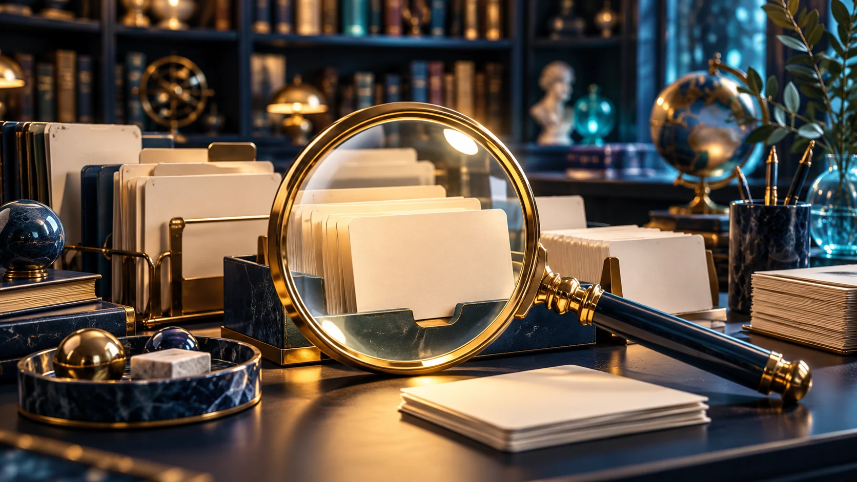Loupe, fiches vierges et objets de bibliothèque.
