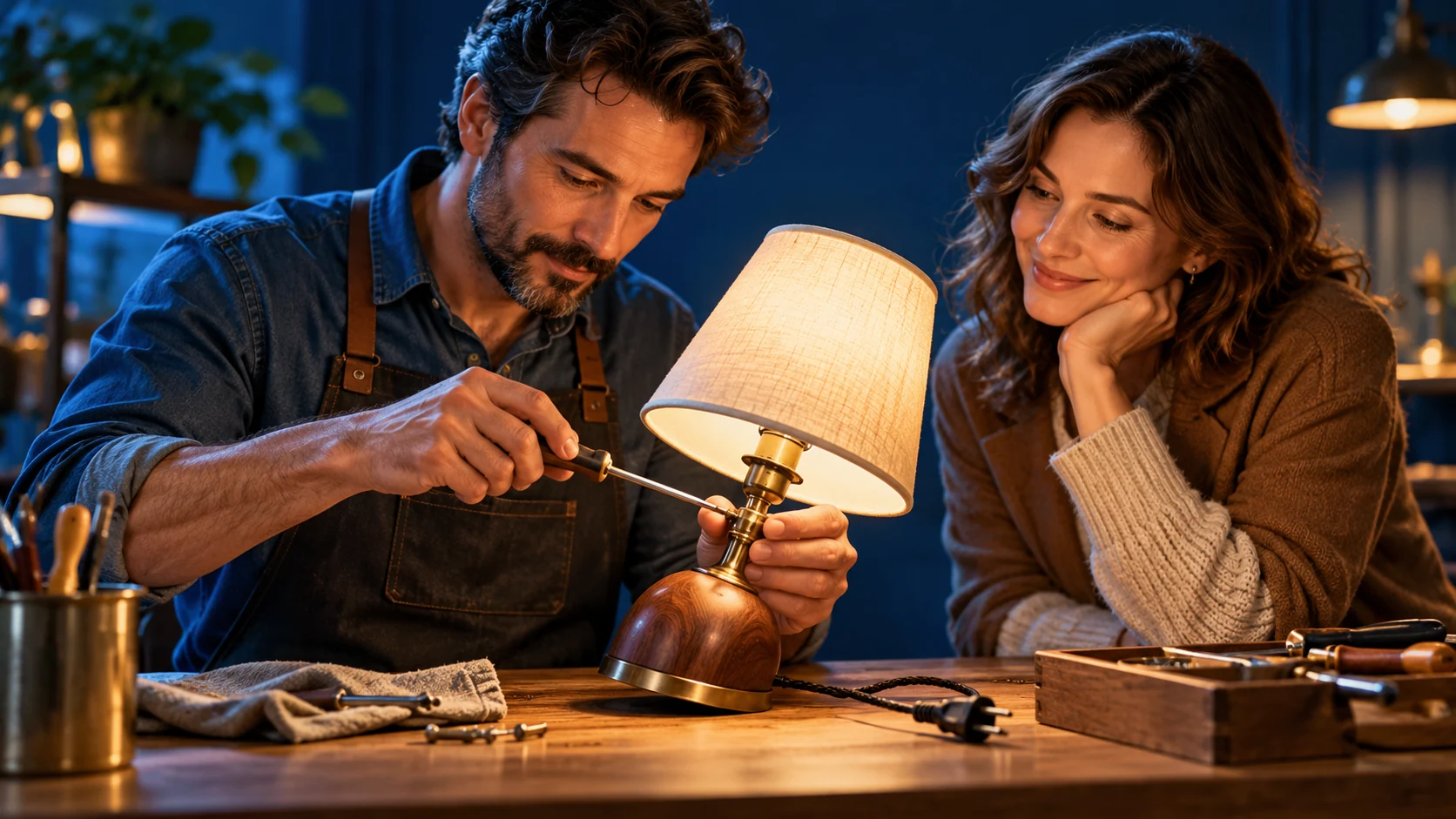 Un artisan et son client discutent dans un atelier.
