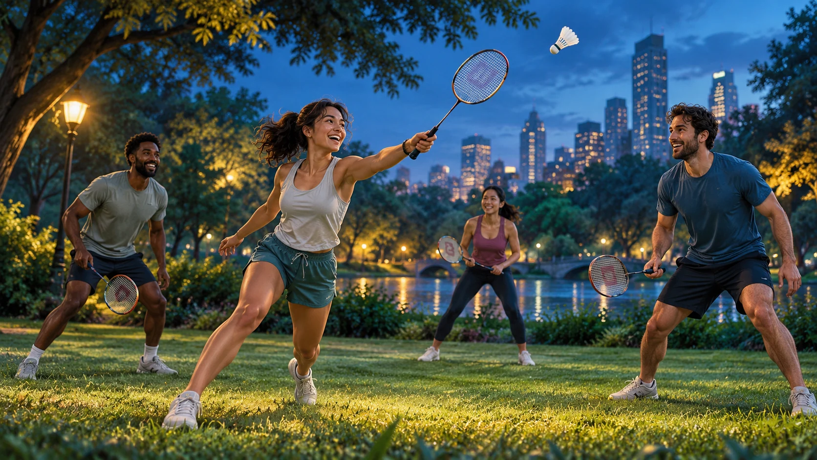Des adultes pratiquent le badminton dans un parc.