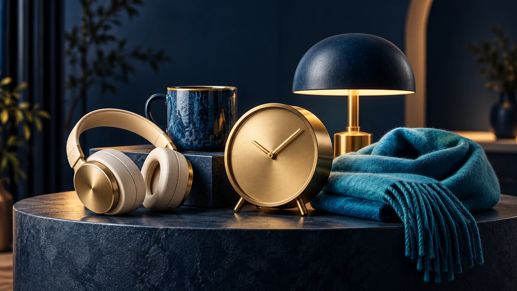 Objets proposés à la vente avec une horloge symbolique.